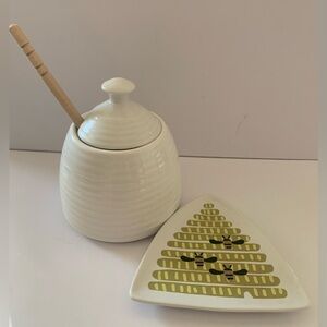 White Ceramic Honey Jar with Lid and Dauber and Bee Trinket Tray.